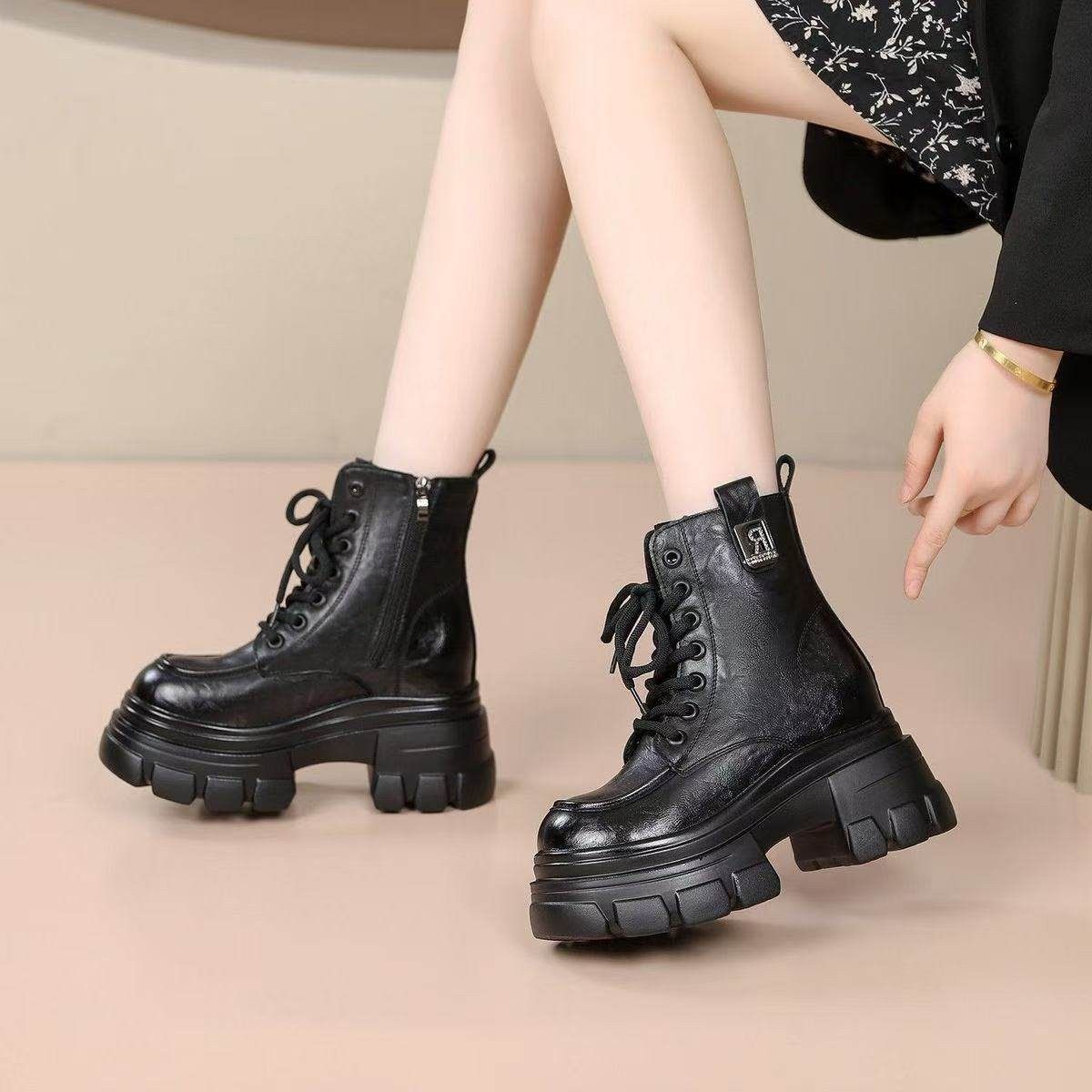 2025新款冬季内增高10CM真皮加绒马丁靴女厚底小个子英伦风短靴子
