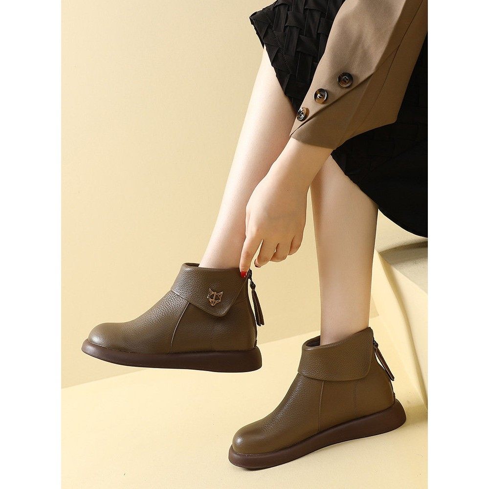 花呢风格靴子软底短靴大尺寸女鞋41至43冬季新款真皮软面平底羊毛,女鞋,时装靴,淘宝优惠券,粉丝福利购,淘宝优惠卷