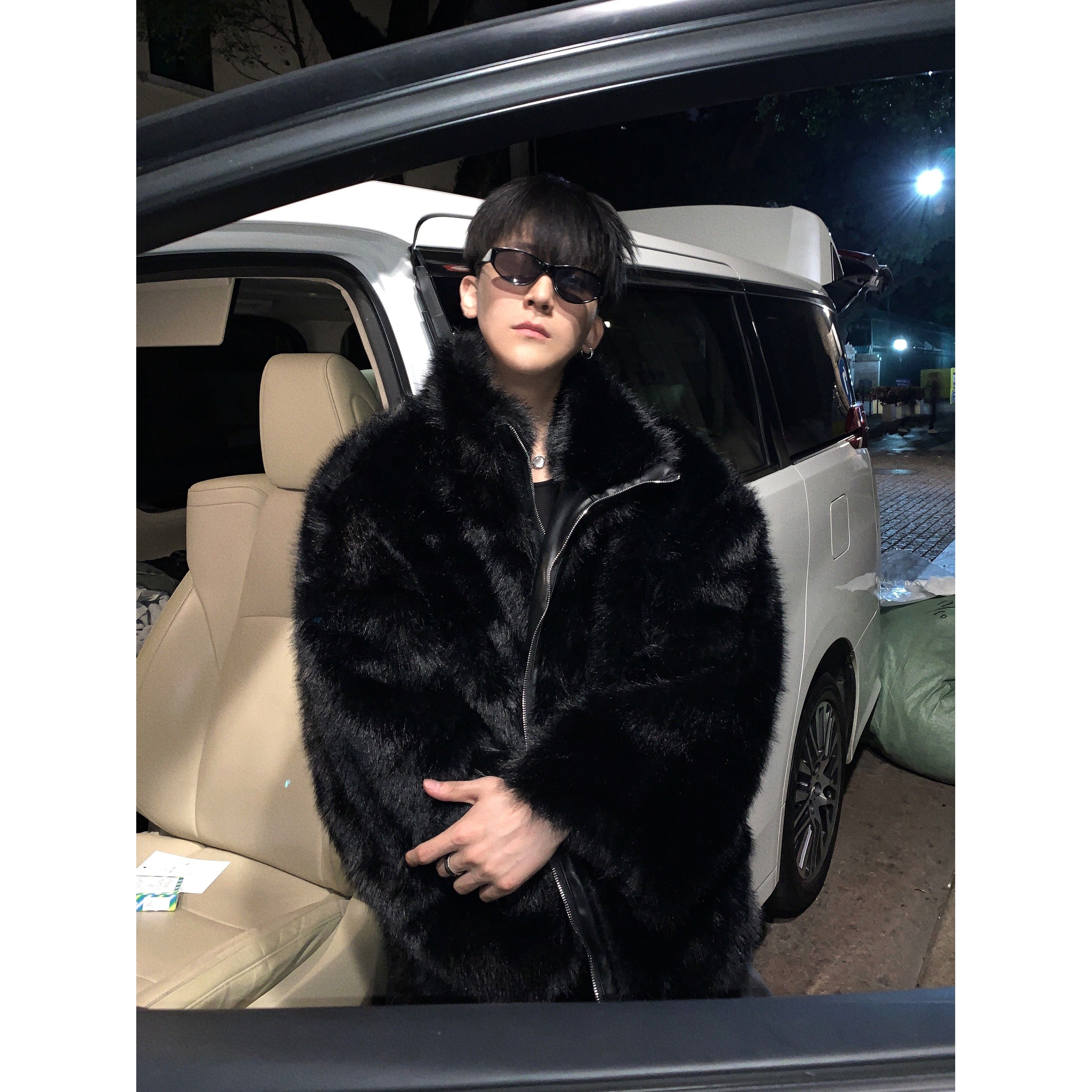 黑沧社/美式立领黑色貂毛外套男冬季加厚棉服痞帅毛绒仿皮草大衣