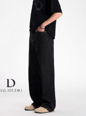 DAL 复古老钱风原牛黑色阔腿牛仔裤男2025年夏季新款宽松休闲长裤