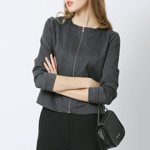 大码女装夹克棒球服圆领小外套春秋短款拉链无领上衣早秋新款时尚