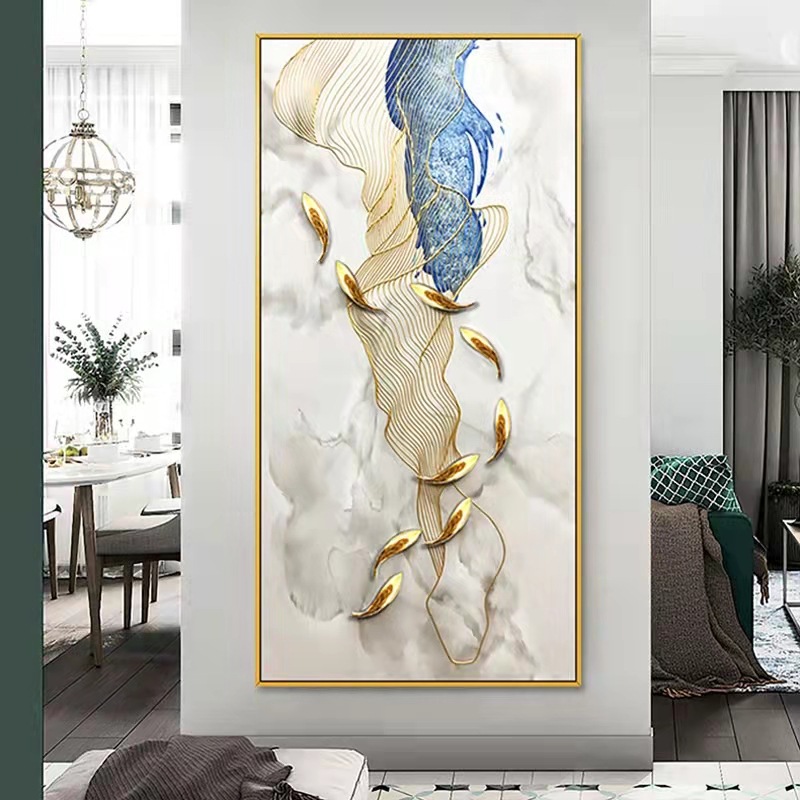 九鱼图纯手绘油画玄关餐厅新中式3dF立体装饰挂画过道壁画金属外图片