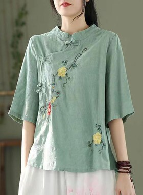 民族风大码立领斜襟刺绣复古盘扣纯色套头中袖棉麻短款上衣女夏装