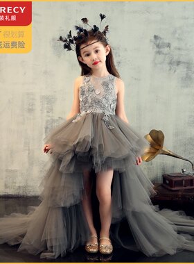 女童晚礼服可拆拖尾灰色绑带公主裙儿童小女孩模特走秀钢琴演出服