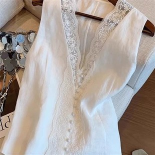 高级无袖 蕾丝拼接v领亚麻背心女2025夏季 上衣 老钱风法式 渠道货