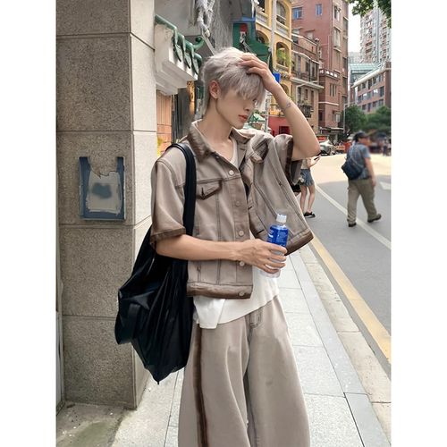 2025夏季新款喷绘废土风条纹撞色短袖牛仔衬衫夹克男宽松休闲套装