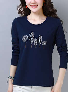 纯棉长袖t恤女 2021春秋装新款中老年妈妈宽松大码洋气上衣打底衫