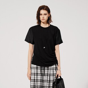 TI黑色拼袖 新款 抽绳T恤女装 休闲上衣尤缇2025夏季 正肩收束短袖