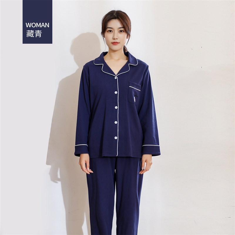 情侣睡衣女秋冬 纯棉长袖长裤两件套 男士开衫翻领简约家居服套装