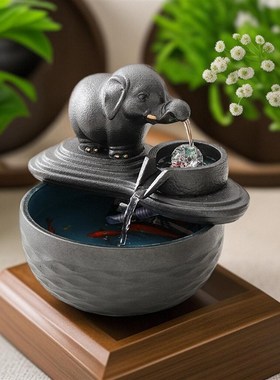 小号陶瓷大象流水摆件招财客厅循环水喷泉L中式禅意茶台桌面装饰
