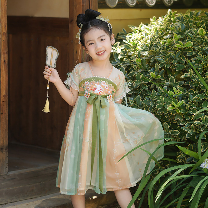 汉服女童夏季新款小女孩裙子绿色小清新薄款清凉透气雪纺国风襦裙