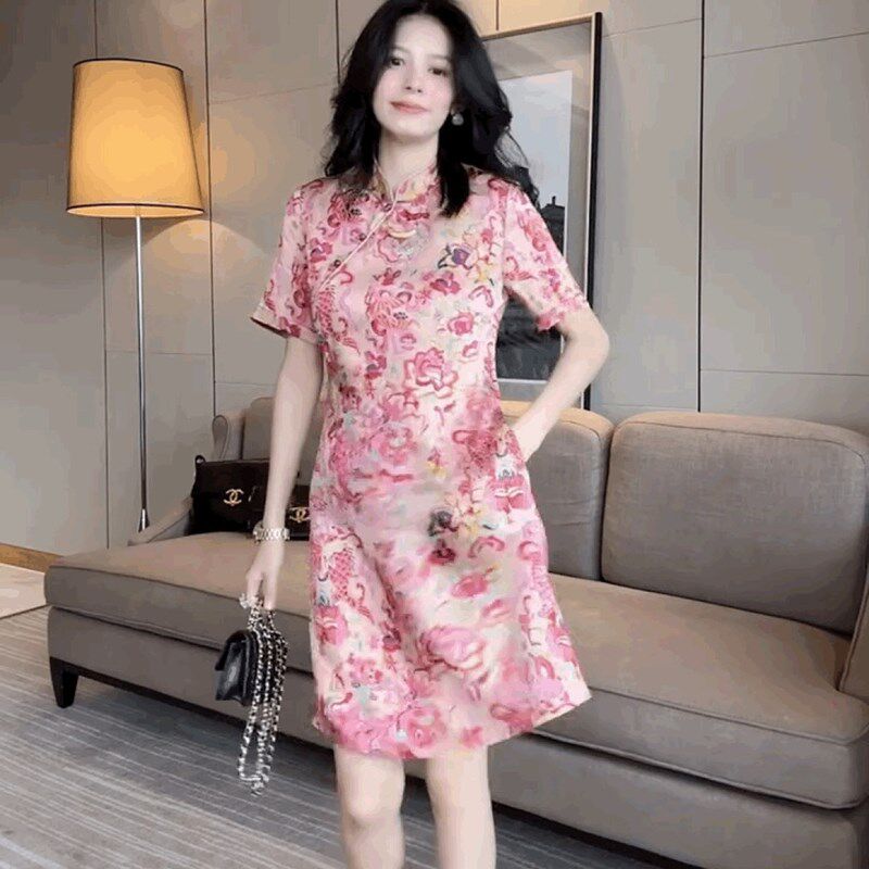 夏新款碎花立领盘扣短袖改良旗袍裙高端轻奢国风短袖雪纺连衣裙女
