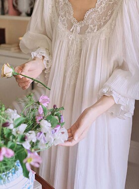 宫廷风纯棉睡裙女春季长袖甜美公主睡衣女蕾O丝花边宽松大码家居