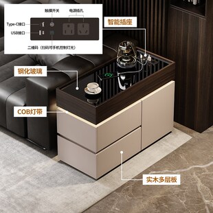 意式极简沙发边几轻奢高级感侧边柜带插座可移动茶几边柜带灯实木