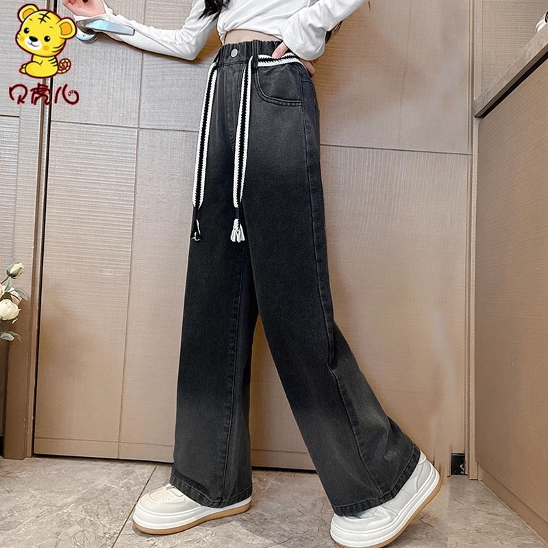 女童裤子春秋外穿2024新款中大童阔腿长裤黑色女孩秋季儿童牛仔裤