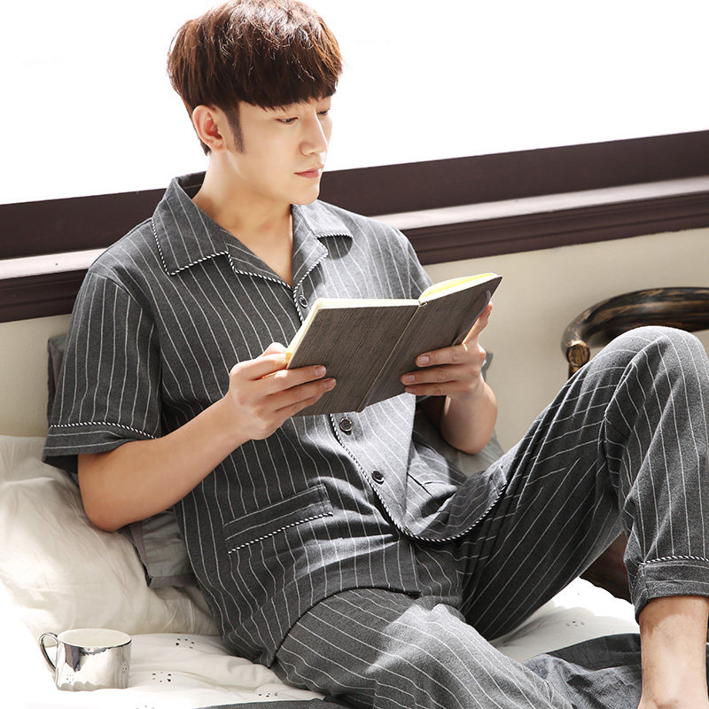 男士睡衣夏季短袖纯棉薄款加肥加大码男式中老年人男款家居服套装