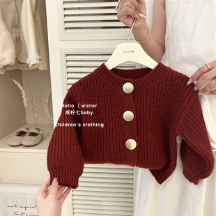 咸柠七女童针织开衫2024新款儿童洋气毛衣外套女宝秋冬装红色上衣