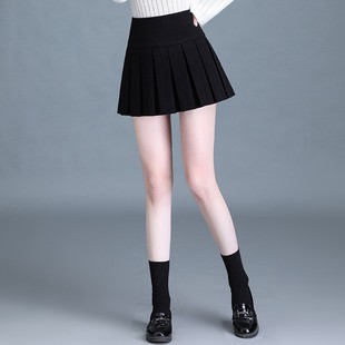 黑色短款毛呢百褶裙高腰弹力半身裙2021秋冬小个子a字百褶呢子裙