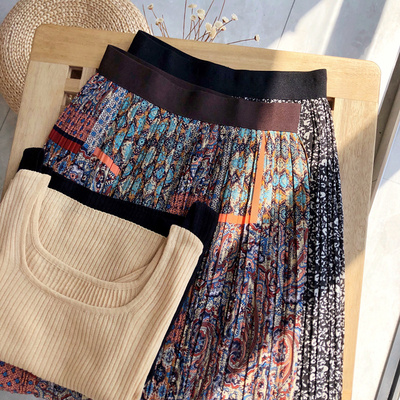 今年流行印花半身裙套装两件套女夏百褶裙子中长款搭配的上衣t恤