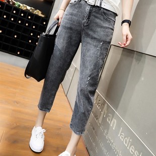 破洞超显瘦老爹哈伦裤 2021年夏季 女宽松九分薄款 高腰牛仔裤 潮 新款