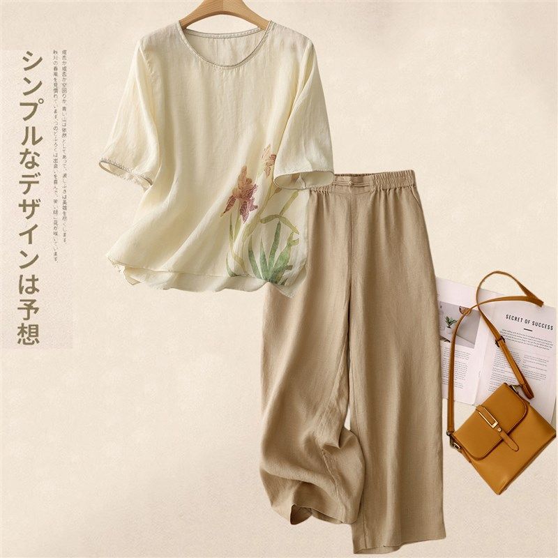 亚麻T恤时尚套装女夏季新款休闲中年妈妈装棉麻短袖阔腿裤两件套,女装/女士精品,时尚套装,淘宝优惠券,粉丝福利购,淘宝优惠卷
