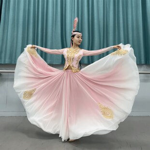 维族新疆舞艺考剧目服粉色大摆裙维吾尔民族新疆舞裙美丽的阿依汗