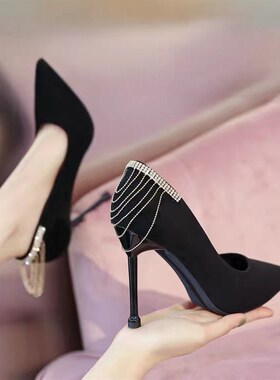 晚礼服高跟鞋女小码313233宴会细跟设计感小众黑色单U鞋大码41一4