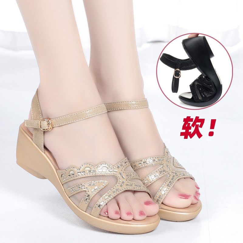 真皮舒适坡跟凉鞋女夏季新款时尚中跟平底妈妈鞋外穿百搭中年女鞋,女鞋,时装凉鞋,淘宝优惠券,粉丝福利购,淘宝优惠卷