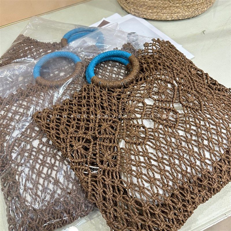 量少江南同源外贸代工草编纸草棕色撞色蓝把手手提包洋气海边,箱包皮具/热销女包/男包,通用款女包,淘宝优惠券,粉丝福利购,淘宝优惠卷