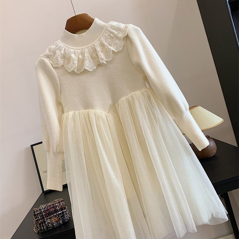 童装冬季女童甜美蕾丝花边半高领加厚泡泡袖拼接款针织连衣裙纱裙,童装/婴儿装/亲子装,连衣裙,淘宝优惠券,粉丝福利购,淘宝优惠卷