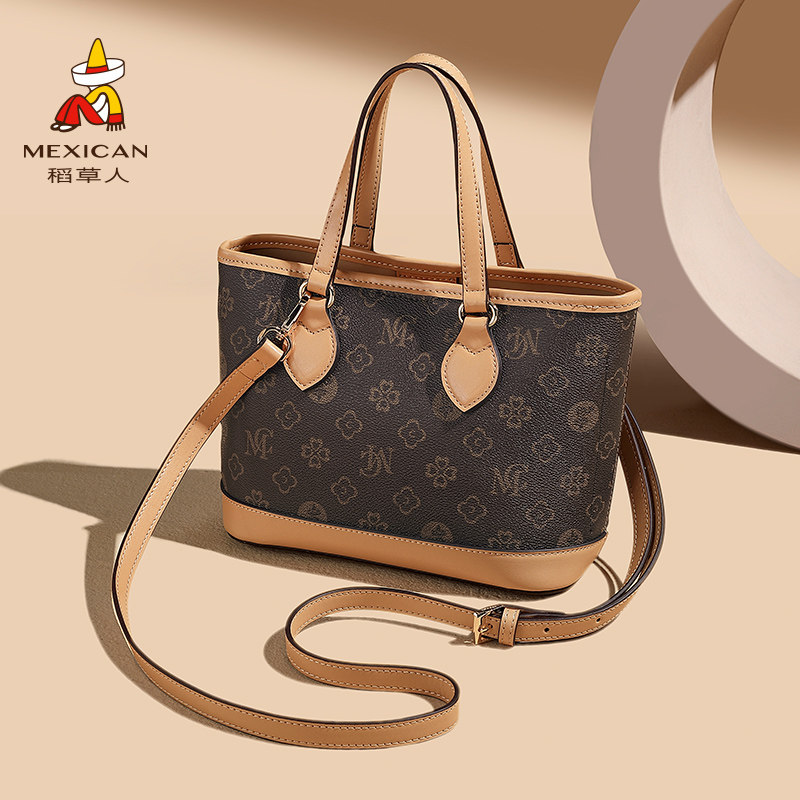 稻草人老花菜篮子包新款复古印花水桶包百搭撞色斜挎包通勤包女包,箱包皮具/热销女包/男包,水桶包,淘宝优惠券,粉丝福利购,淘宝优惠卷