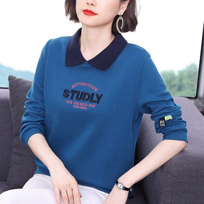 翻领卫衣女2024春秋装新款中老年妈妈装纯棉长袖T恤女洋气上衣服