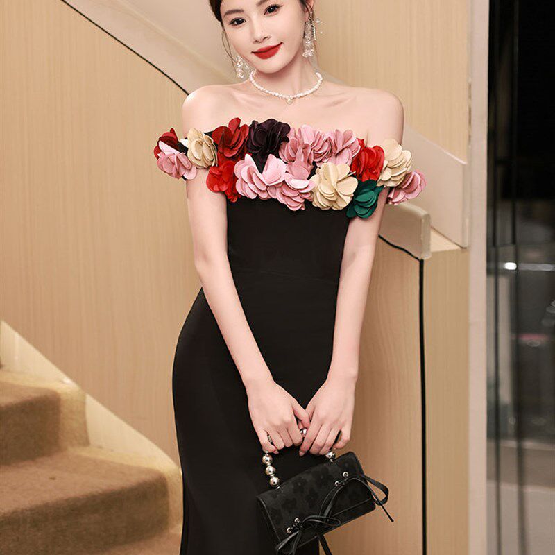 黑色年会晚礼服2024新款一字肩高端气质名媛主持人鱼尾裙高级感女