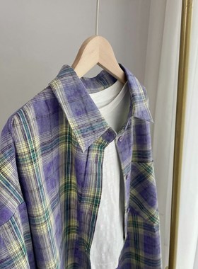 9531紫色格子衬衫 宽松大版衬衣外套女2024秋装新款