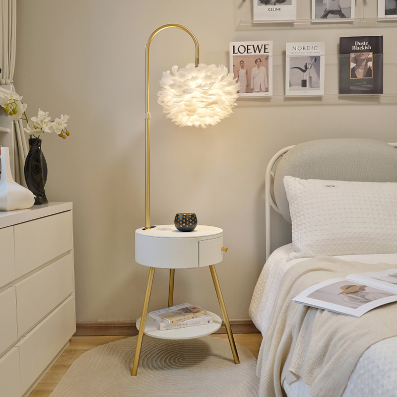 羽毛落地灯北欧抽屉置物卧室床头柜一体客厅原木立式灯落地台灯