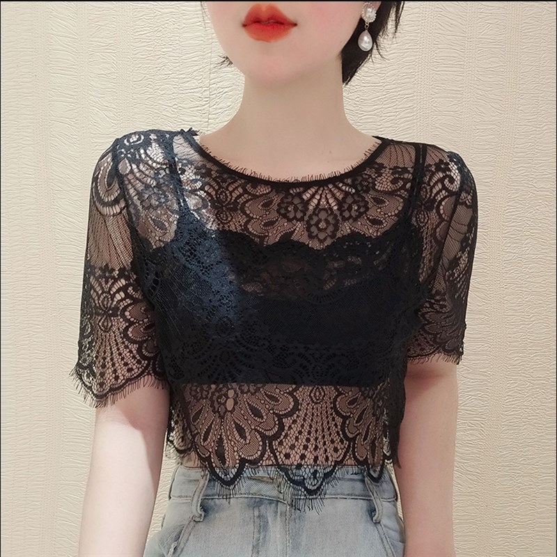 蕾丝吊带裙外搭罩衫女短袖透明网纱镂空披肩女人味气质薄款上衣仙