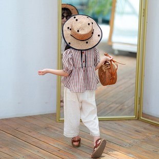 小蜜糖童装女童防蚊裤洋气女宝宝夏装休闲裤米色提花长裤儿童裤子