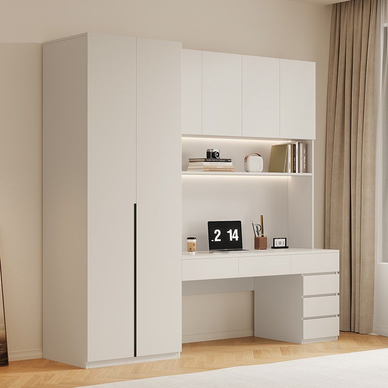 实木书桌衣柜一体电脑桌奶油风连体衣橱儿童组合学习桌子卧室家用