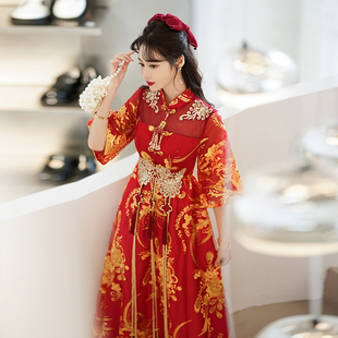 中式喜庆结婚孕妇敬酒服女重工新娘高腰遮肚大码刺绣胖mm礼服纱裙