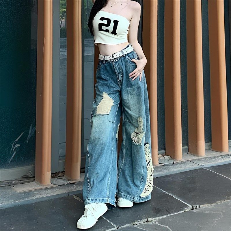 大尺码胖mm辣妹风不规则破洞直筒牛仔裤女蓝色梨型遮肉显瘦长裤子,女装/女士精品,大码裤装,淘宝优惠券,粉丝福利购,淘宝优惠卷