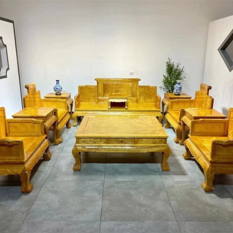 名贵金丝楠木大叶楠木卷书沙发十一件新中式实木水波纹大茶几靠背