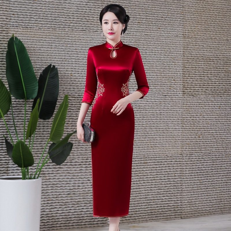 高贵婚宴春夏醋酸缎旗袍妈妈连衣裙年轻喜婆婆新娘结婚丈母娘礼服