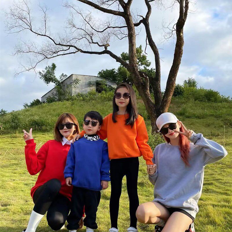 儿童纯棉圆领厚棉T糖果色童装幼儿园小学生亲子服演出服长袖春秋