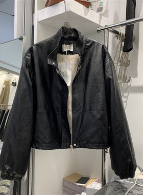 T.R时尚66g28立领机车短款加绒皮衣外套女小个子宽松抽绳夹克上衣