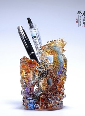 琉璃双龙戏珠笔筒摆件中式书房办公室桌面装饰实用工艺品创意礼物
