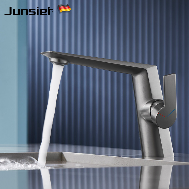 德国全铜枪灰色冷热面盆龙头浴室化妆室洗脸盆台下盆洗漱台水龙头