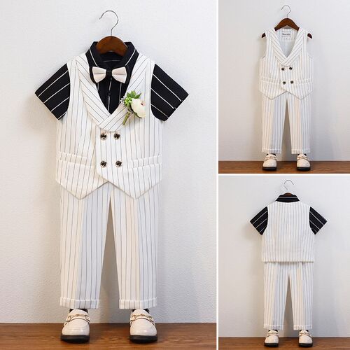 男童西装马甲套装夏季男宝宝白色生日婚礼花童礼服英伦儿童演出服