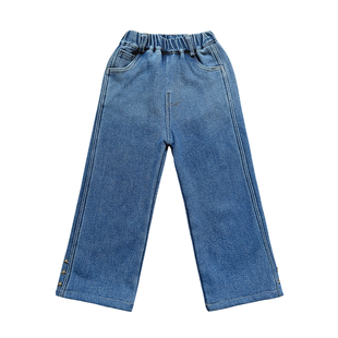 女童加绒裤子秋冬款2023新款小女孩冬装宽松牛仔裤儿童套装休闲长