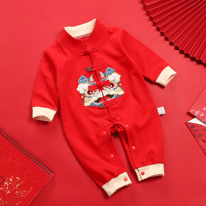 新生婴儿衣服秋冬连身衣红色满月百日宴抓周礼服男女百天宝宝唐装