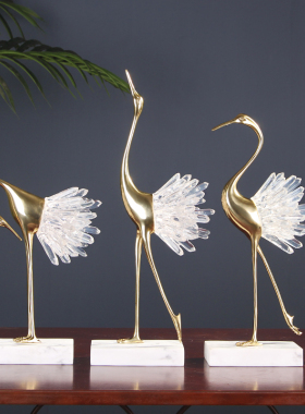 创意仙鹤轻奢摆件时尚高档软装饰品家居玄关客厅酒柜纯铜装饰摆设